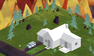 illustration of house surrounded by fire