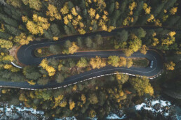 overhead photo of winding roadway