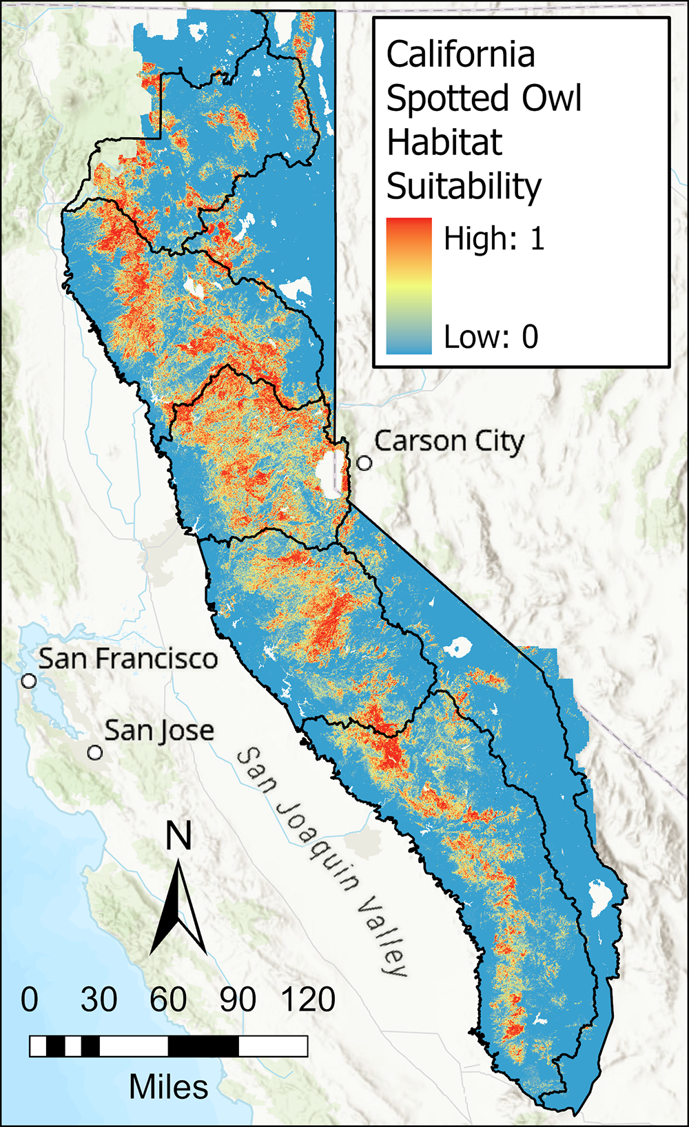 California Spotted Owl Habitat Suitability on Map of California