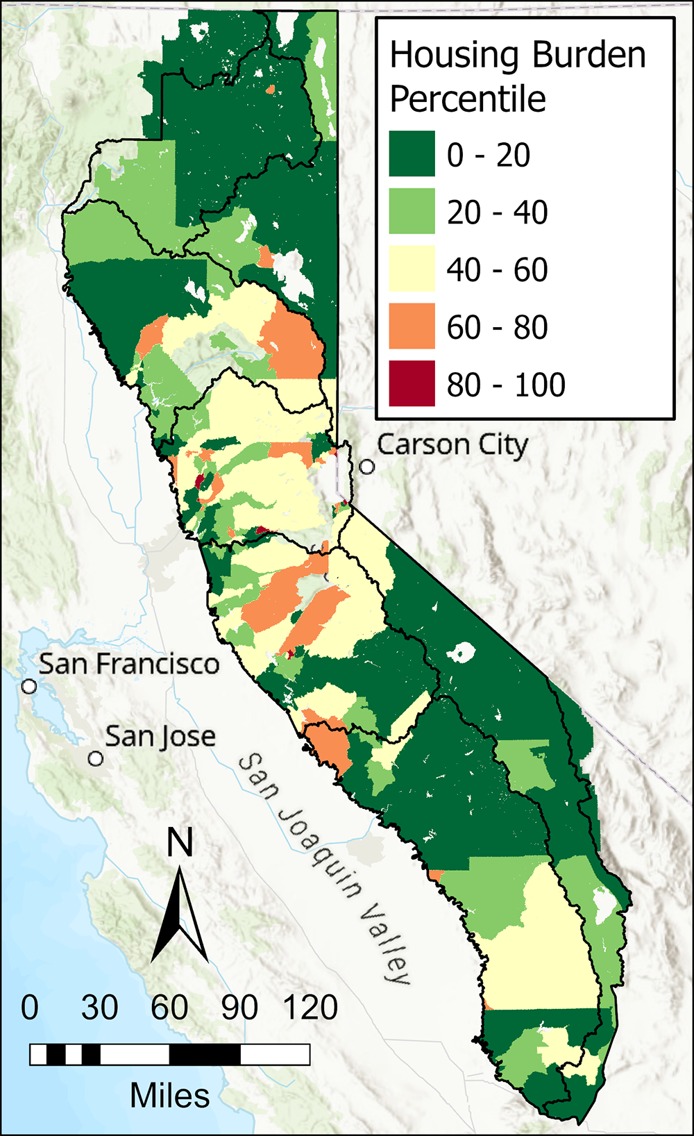 Housing Burden Percentile on Map of California