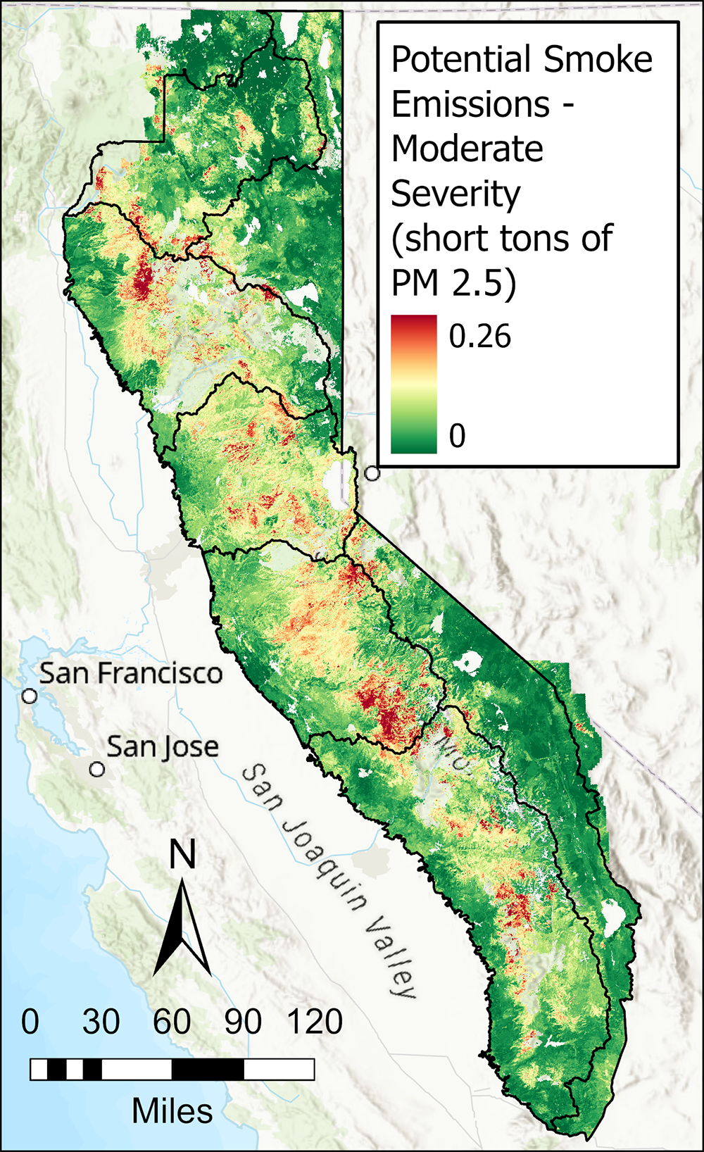 Potential Smoke Emissions - Moderate Severity on Map of California