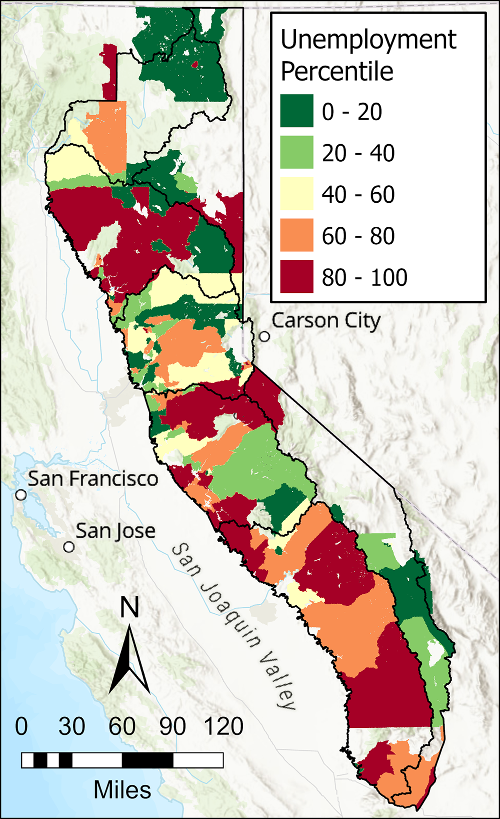Unemployment Percentile on Map of California