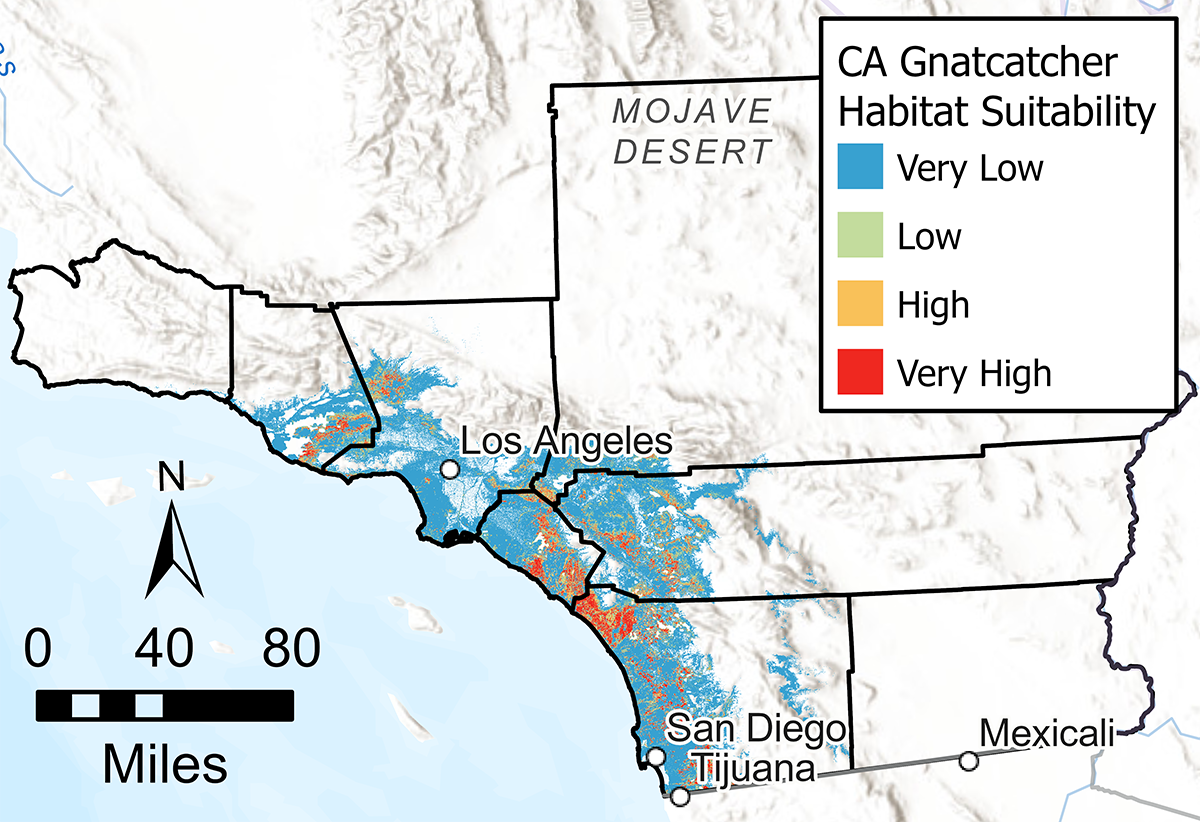 Chart of CA Gnatcatcher Habitat Suitability on map of Southern California