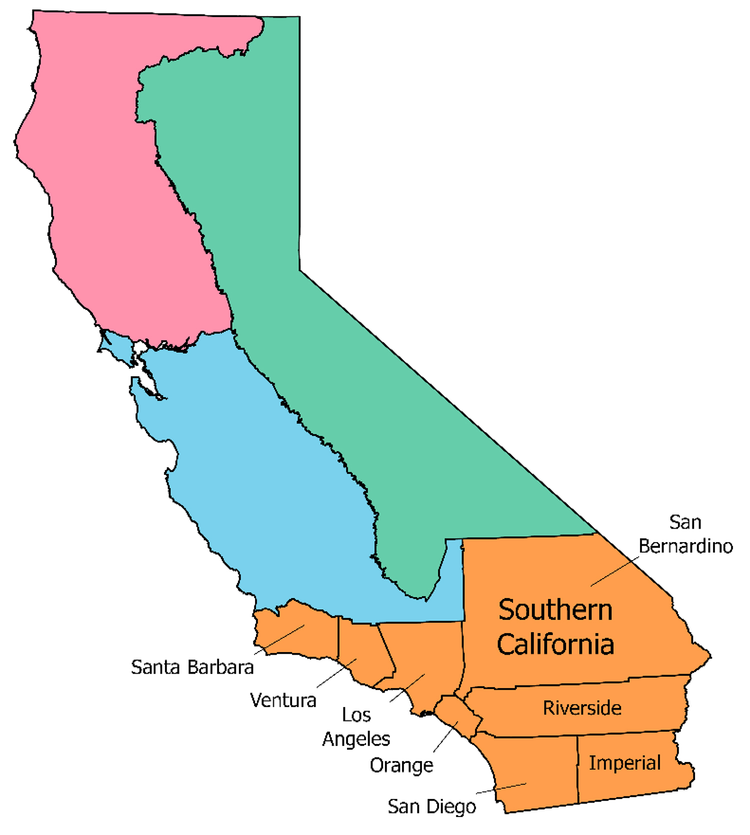 Map of California, with all of the counties of Southern California
