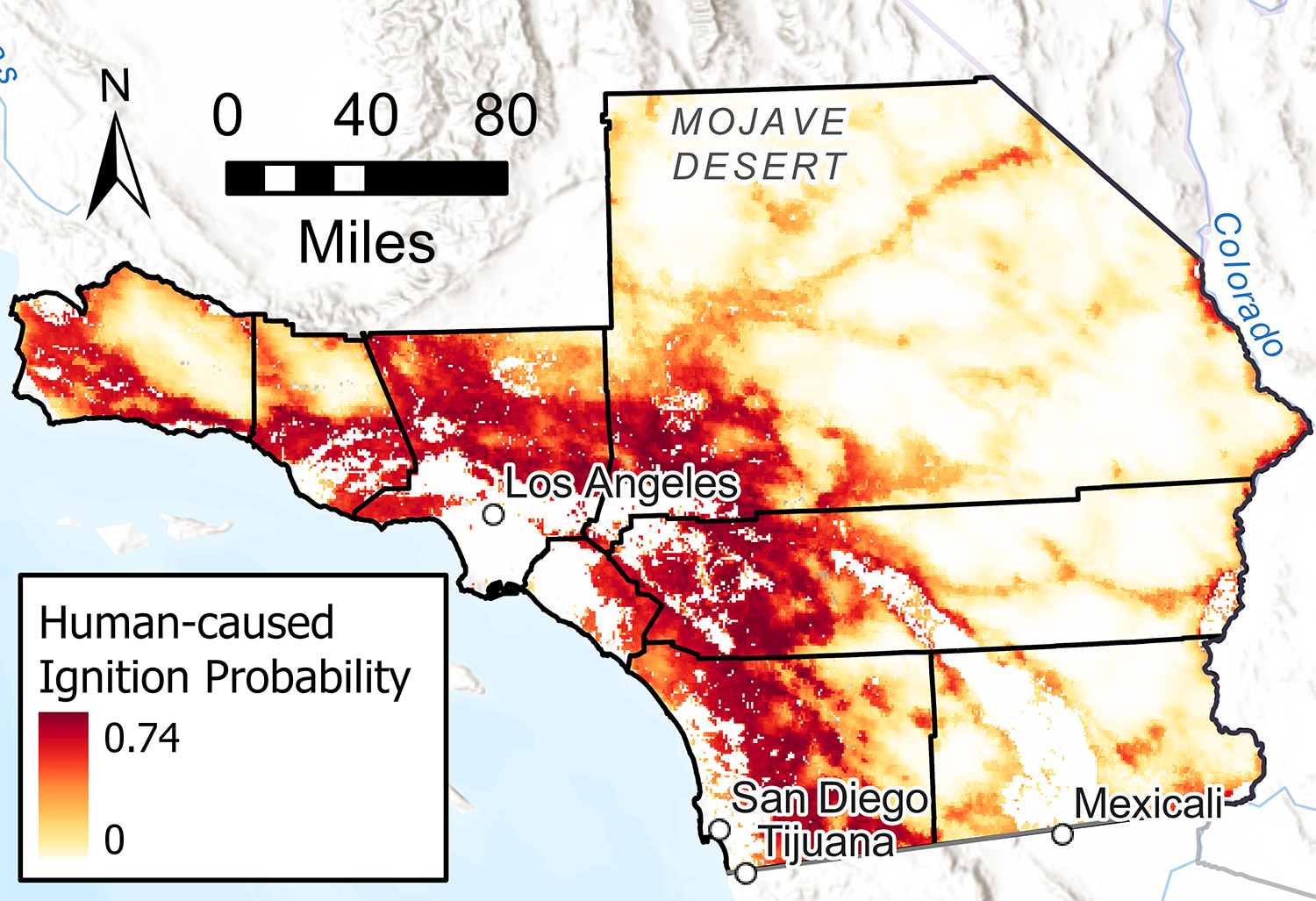 Chart of Human-Caused Ignition Probability on Map of Southern California