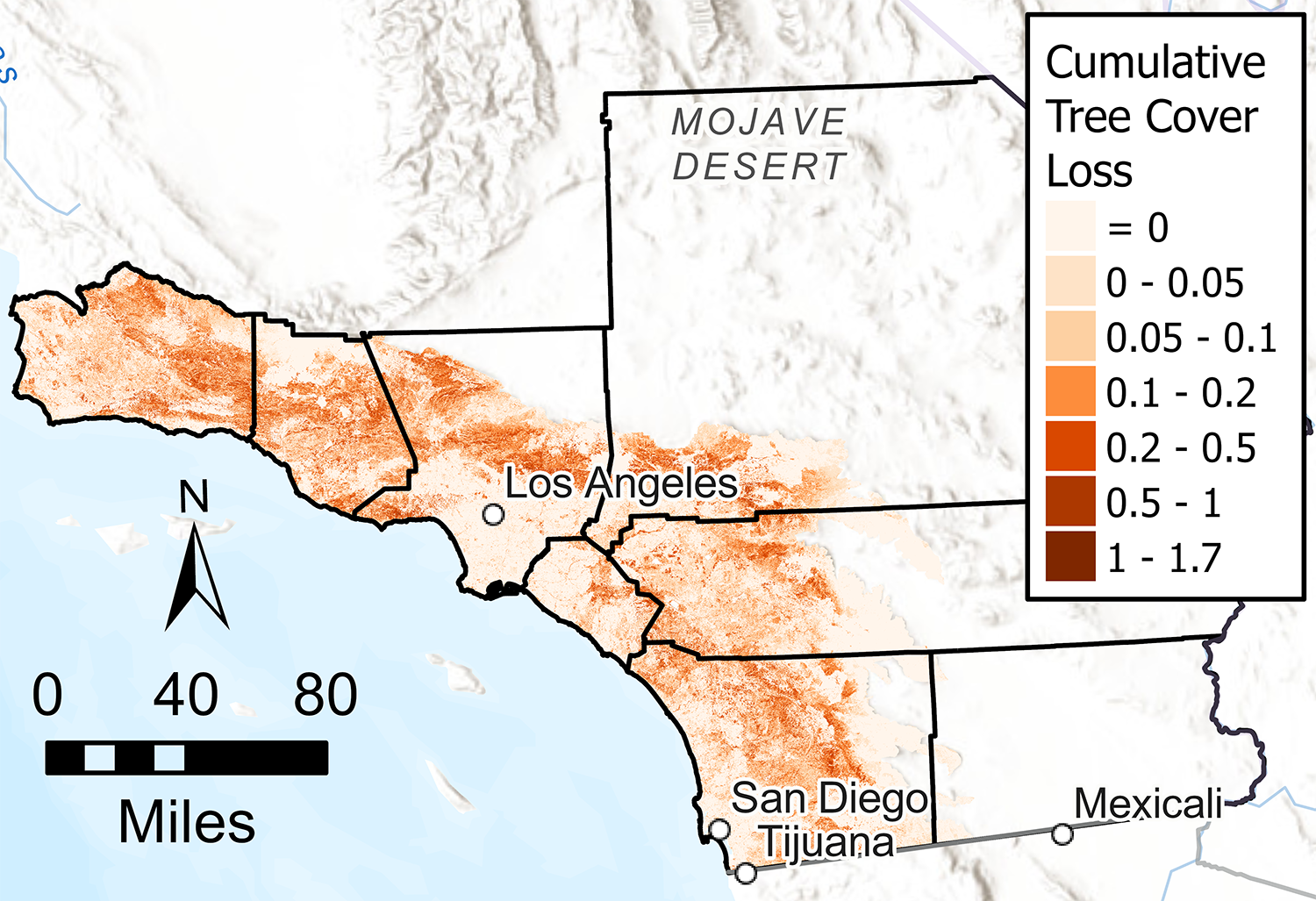 Chart of Cumulative Tree Cover Loss on Map of Southern California