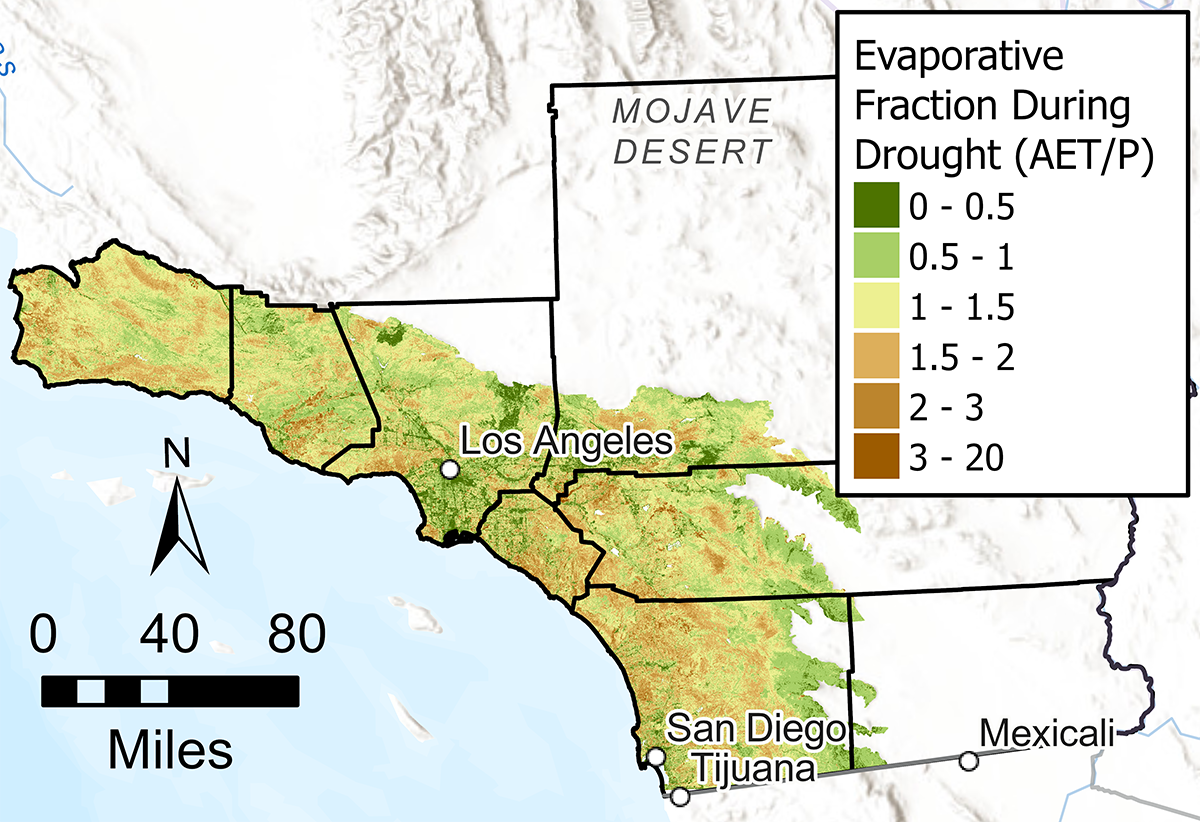 Chart of Evaporative Fraction During Drought on map of Southern California