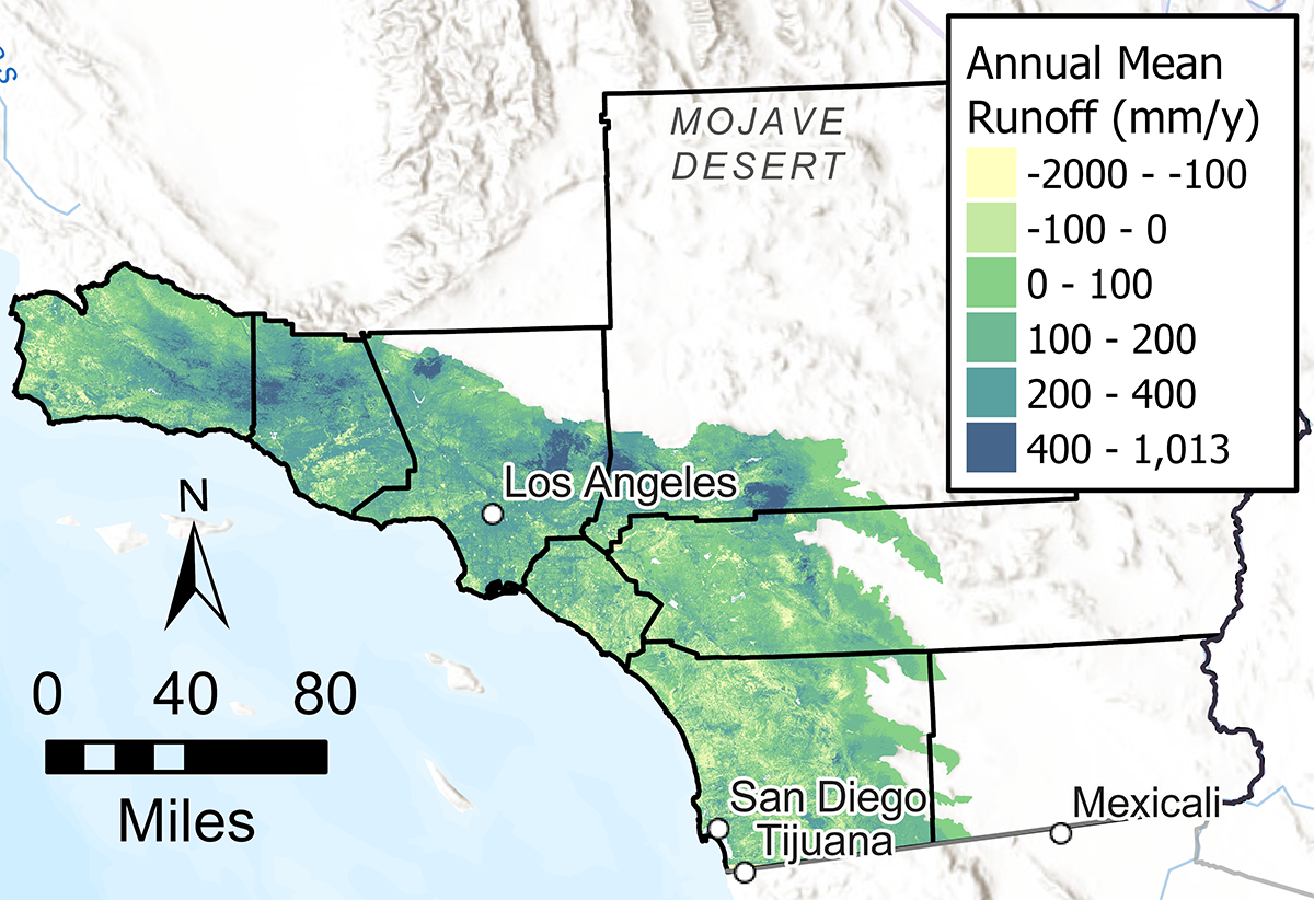 Chart of Annual Mean Runoff on map of Southern California